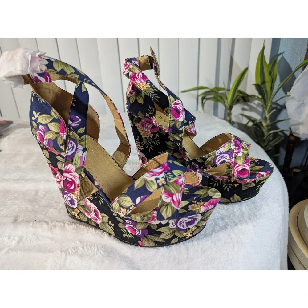 Anna Wedge Sandals Womens 7.5 Navy Floral New Platform Ankle Strap Heels